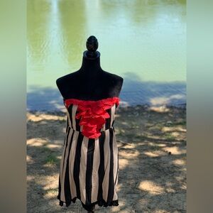 Red and Black Striped Dress with Ruffle Detail